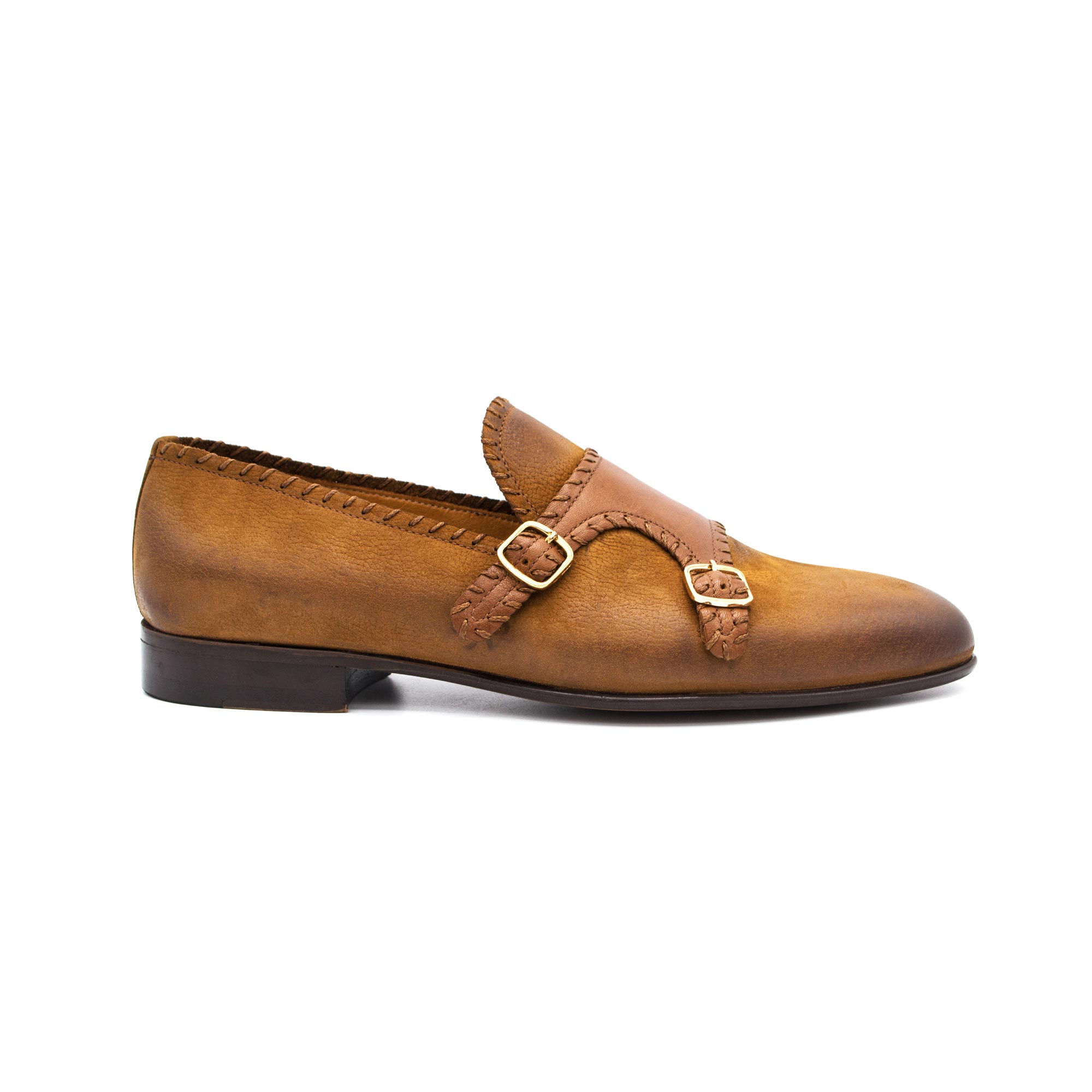 Tobacco Brown Nubuck Leather Monk Strap Shoes | Zerbay Collection